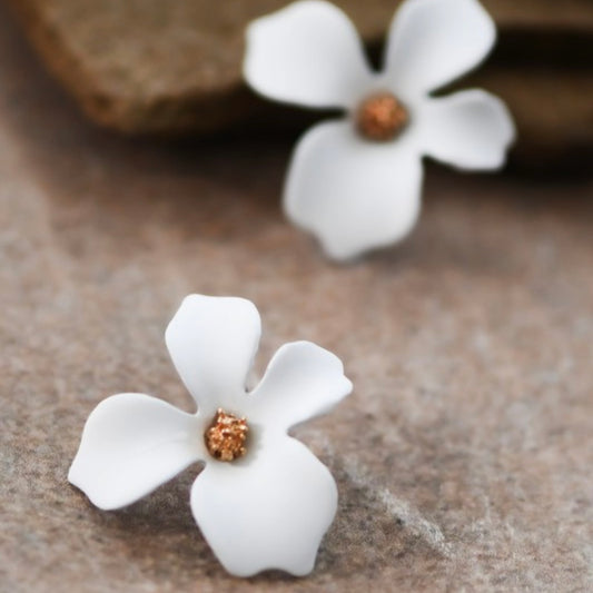 White Metal Flower Stud Earrings