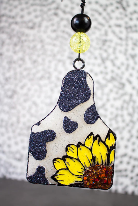 Sunflower Cow Print Cow Tag Car Freshie