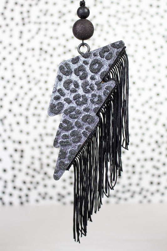 Black on Black Cheetah Leopard Bolt with Fringe Car Freshie