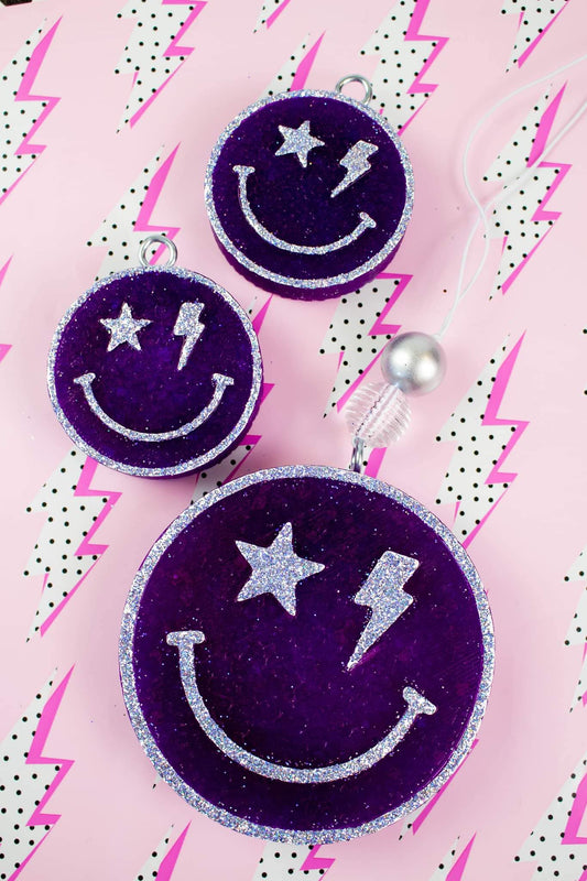 Purple & Silver Happy Bolt/Star Face (Mirror) Car Freshie