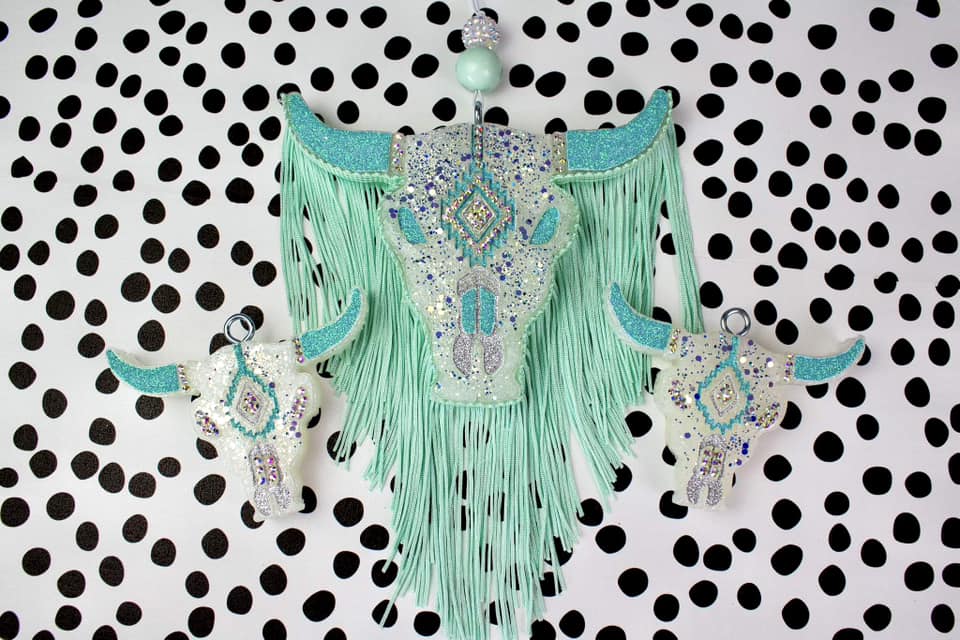 Mint & White Bull Skull With  Rhinestones & Fringe Car Freshie