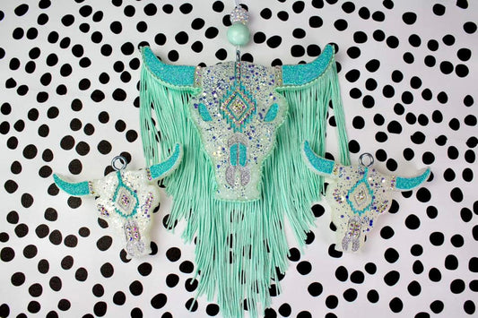 Mint & White Bull Skull With  Rhinestones & Fringe Car Freshie