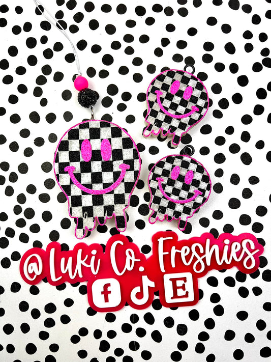 Checkered Happy Face Mirror (Black/White/Pink) Car Freshie