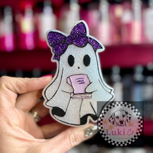 Ghost with Book Purple BowCar Freshie