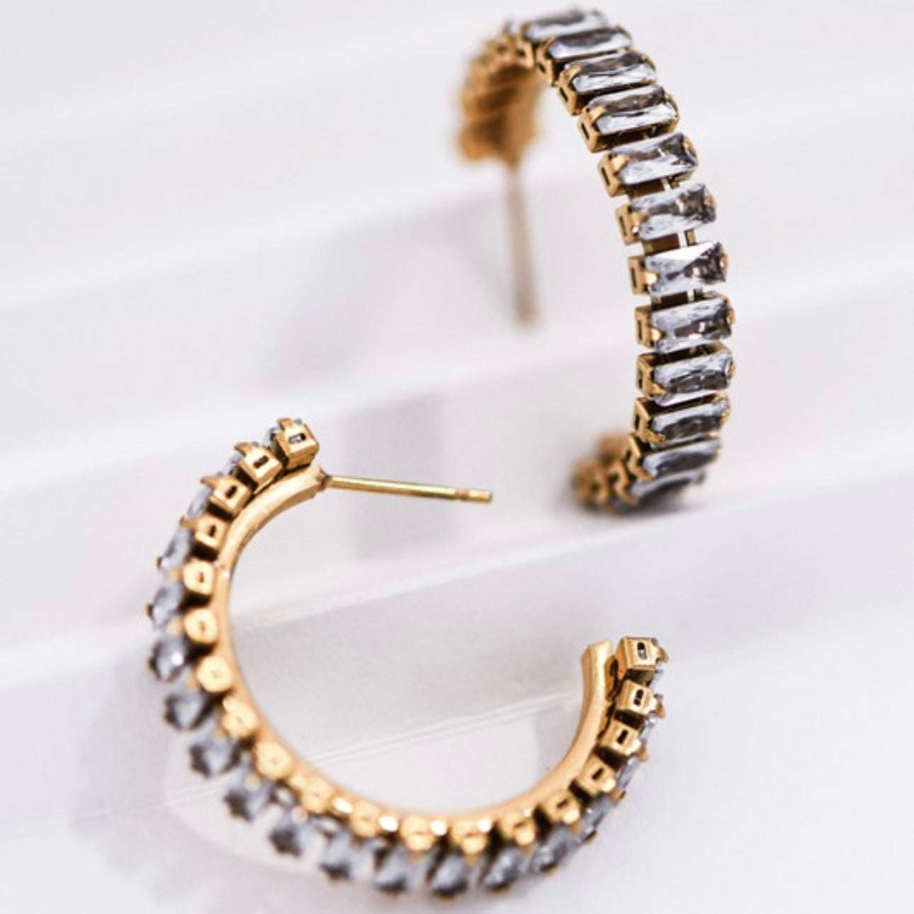 18K Stone and Steel Hoops