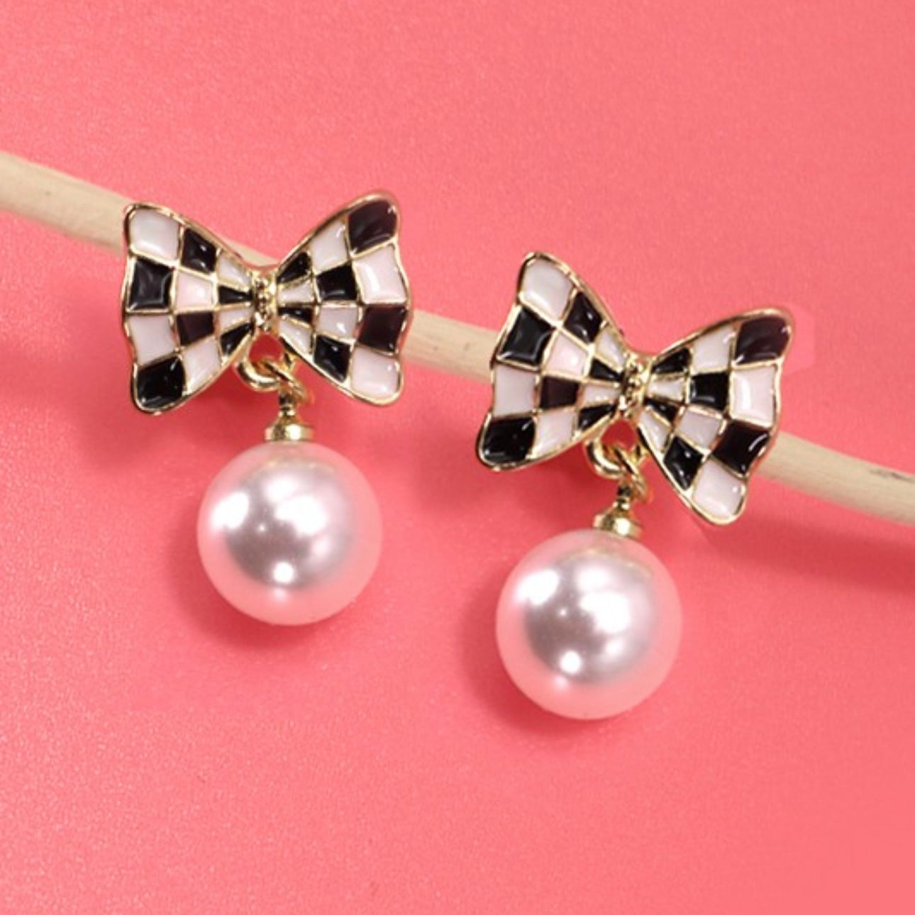 Checkered Bow Stud with Drop Pearl